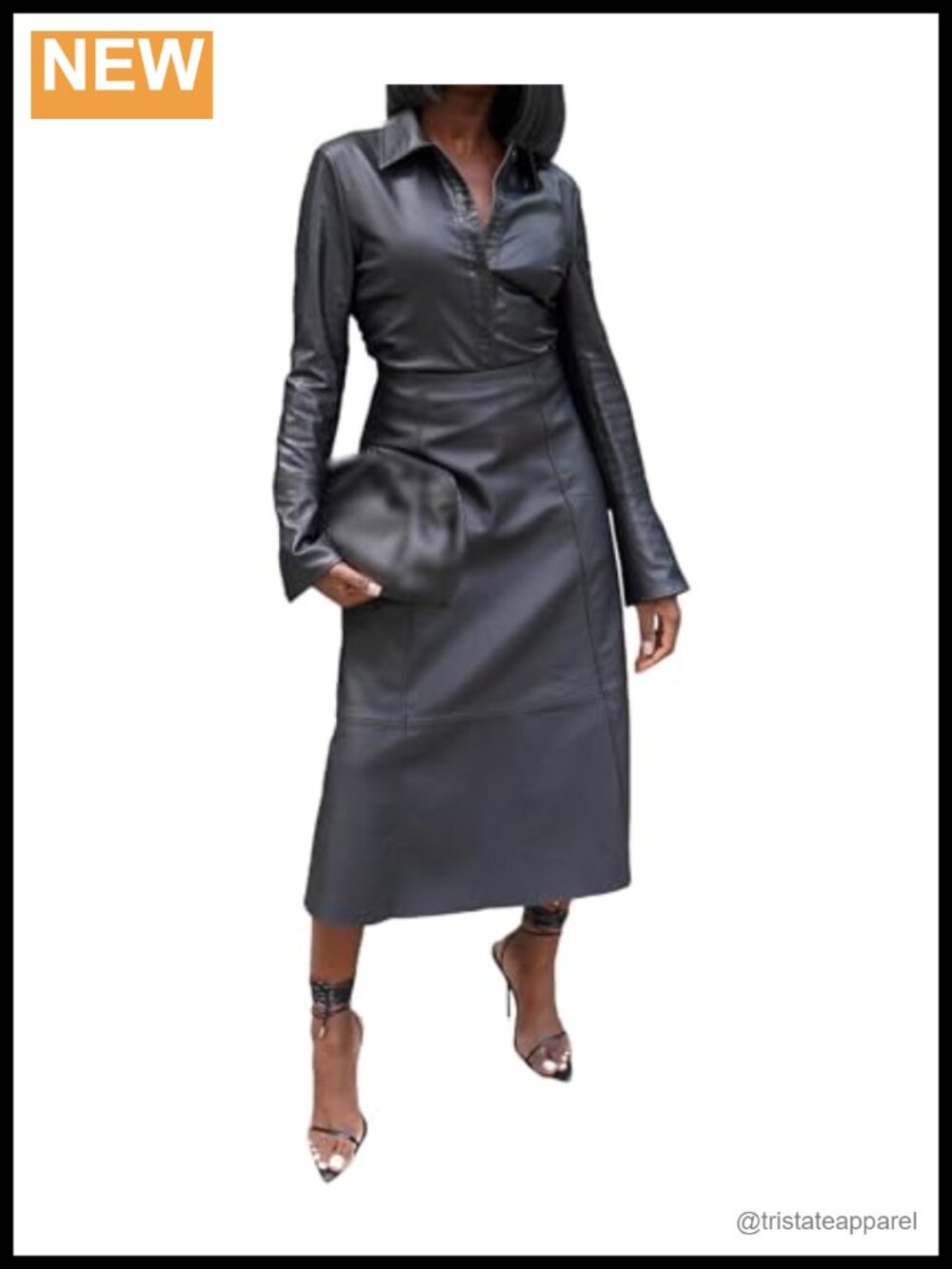 Women's Faux Leather 2 Piece Outfit Button Down Blouse PU Midi Skirt Set